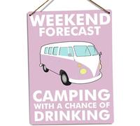 wtf Weekend Forecast - Camper Van (Pink) - Metal Wall Sign Plaque Art Inspirational (Medium - Twine)