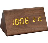 WTL Alarm clock LED Digital Alarm Clock, Bedside Silent Wooden Clock with Multiple Alarm and 5 Level Brightness, Big White Digit Display, Snooze, Non Ticking, Mains Powered or Battery Operated, Brown