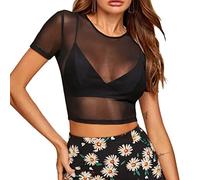 WTMFORU Camisole Short Sleeves, Womens Shirt Sheer Mesh Vest See Through Short Blouse Transparent T Shirt Temptation Dance- Crop Tee Tops Sexy Slim Fit Lingerie (Black), One Size