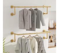 WTPLWD Industrial Pipe Clothing Racks 2 Pack, 36.2In Wall Mounted Clothes Rack, Gold Wall Clothing Racks for Hanging Clothes, Space Saving Closet Hanging Rod for Laundry Room, Bedroom