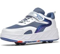 Wttagkl Roller Shoes Sneakers for Boys Girls, Roller Skates Shoes for Kids Double Row 4 Wheels Trainers Outdoor Sports Skating Travel Roller Sneakers,Blue-4UK