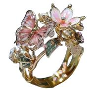 WTTAK Butterfly Ring for Women, Open Adjustable Flower Crystal Rhinestone Ring, Gold Silver Rose Gold Color, Fairy Style Jewelry