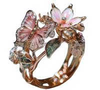 WTTAK Butterfly Ring for Women, Open Adjustable Flower Crystal Rhinestone Ring, Gold Silver Rose Gold Color, Fairy Style Jewelry