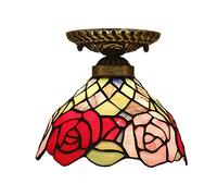 WTTWW Pastoral Style Semi Flush Mount Tiffany Ceiling Light Fixture, 8 inch Mini Red Pink Rose Stained Glass Ceiling Lamp for Kitchen Island Hallway Dining Room Bedroom