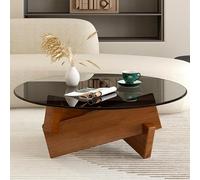 WTTWW Round Coffee Table, Low Modern Vintage Industrial Living Room Coffee Table with Tempered Glass Top and Solid Wood Legs, 80cm (Black)