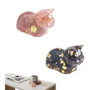 WTUSGA 2 Pcs Healing Crystal Cats Figurine Exquisite Mini Cute Sleeping Cat Natural Crystal Statue Ornament with Gold Foil for Home Office Desk Decor