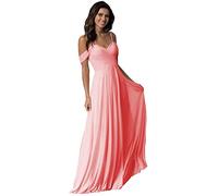 WTWVIAN Women A-Line Off The Shoulder Floor-Length Chiffon with Ruffle Bridesmaid Wedding Dress-Coral-10