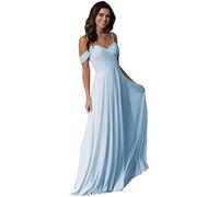 WTWVIAN Women A-Line Off The Shoulder Floor-Length Chiffon with Ruffle Bridesmaid Wedding Dress-Light Blue-12