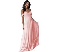 WTWVIAN Women A-Line Off The Shoulder Floor-Length Chiffon with Ruffle Bridesmaid Wedding Dress-Pink-12