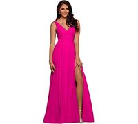 WTWVIAN Women's V Neck Bridesmaid Dresses Long Chiffon Wedding Guest Dress Pleated High Slit Backless Prom Formal Gown-Fuchsia-18