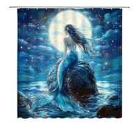 WUASDCS Fantasy Mermaid Shower Curtain Blue Sea Ocean Beach Full Moon Night Starry Sky Rock Marine Life for Girl Bathroom Decor Polyester Fabric Curtains with Hook 70Wx70H Inches
