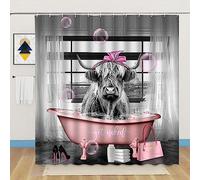 WUASDCS Fashion Highland Cow Shower Curtain Get Naked Funny Cute Cattle in Pink Bathtub Bubble High Heel Bag Farmhouse Animal Bathroom Decor Fabric Curtains with Hook