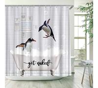 WUASDCS Funny Penguin Shower Curtain Cute Animals in White Bathtub Get Naked Antarctic Polar Brick Wall Bathroom Decor Fabric Curtains with Hook