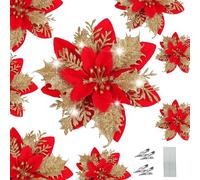 WUBAYI 12Pcs Christmas Tree Flowers Decor with 12 Stems & Clips, Christmas Glitter Artificial Poinsettia Flowers for Xmas Tree Wedding New Year Xmas Garland Wreath Decoration(Gold Red)