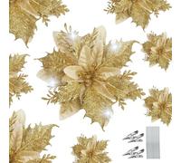 WUBAYI 12Pcs Christmas Tree Flowers Decor with 12 Stems & Clips, Christmas Glitter Artificial Poinsettia Flowers for Xmas Tree Wedding New Year Xmas Garland Wreath Decoration(Gold)