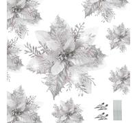 WUBAYI 12Pcs Glitter Artificial Poinsettia Flowers with 12 Stems & Clips, for Wedding New Year Easter Birthday Xmas Tree Decoration (Silver)