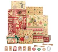 WUBAYI 12Sheet Christmas Wrapping Paper, Recyclable Kraft Paper 70x50CM in Folded Sheets with 6 Vintage Designs (Bonus 2 10m Jute String & 9 Labels & 1 Double Sided Tape)