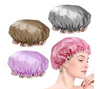 WUBAYI 4Pack Shower Caps, Double Layer Shower Hats with Elastic Band, Reusable Waterproof Bath Caps for Men & Women, Perfect Shower Caps for All Hair Lengths With Ruffled Edge Covering Ears