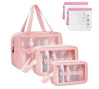 WUBAYI 5Pcs Clear Toiletry Bag, Waterproof PU Makeup Bag with Zipper Handle, Portable Airport Cosmetic Bag for Women & Men, Travel Accessories Wash Bag for Travelling & Holiday (Pink)