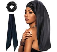 WUBAYI Silk Bonnet Wrap for Sleeping, Satin Sleep Cap with Wide Elastic Band, Soft Hair Sleeping Cap for Women and Girls with Curly Hair (Black)
