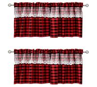 WUBODTI 2 PCS Christmas Kitchen Curtains Valances, Red and Black Buffalo Plaid Window Valance with Lace Embroidery, Rod Pocket Checkered Valance Curtains for Living Room Bathroom, 54" W x 24" L