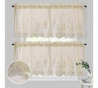 WUBODTI Beige Sheer Kitchen Valances Curtains 2Pcs Vintage Lace Short Curtains 16 Inch Length, Cream Floral Embroidered Voile Cafe Curtain for Bedroom Living Room Bathroom Windows Decor