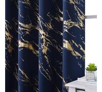 WUBODTI Gold Marble Pattern 100% Blackout Curtains 63 Inch Length 2 Panels, Navy Blue Metallic Printed Thermal Insulated Short Curtain Modern Abstract Drapes for Bedroom Bathroom Dining Room