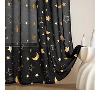 WUBODTI Halloween Black Sheer Curtains with Star for Living Room 84 Inches Long，Gold Moon and Star Patterned Faux Linen Semi Sheer Curtains Light Filtering Drapes for Bedroom 2 Panels, Black