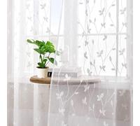WUBODTI Leaf Embroidered Sheer White Curtains 54 Inch Length 2 Panels Set, Rod Pocket Light Filtering Faux Linen Leaves Patterned Short Curtains for Living Room Bedroom Small Window