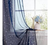 WUBODTI Navy Blue Star Sheer Curtains for Kids Room Nursery 72 Inches Long，Silver Star and Moon Patterned Semi Sheer Faux Linen Boys Curtains Rod Pocket Light Filtering Curtain Drapes 2 Panels