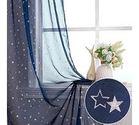 WUBODTI Navy Blue Star Sheer Curtains Kids Room Light Filtering Drapes 39 x 106 Inch Length 2 Panels, Silver Moon Printed Rod Pocket Extra Long Voile Curtain for Boys Bedroom Patio Door