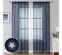 WUBODTI Navy Blue Voile Curtains 84 Inches Long 2 Panels, Rod Pocket Semi Sheer Kids Curtain for Boys Bedroom Living Room,Galaxy Starry Tulle Window Treatments Star Wars Room Decor