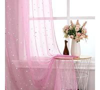 WUBODTI Pink Semi Sheer Curtains for Girls Room 63 Inches Long 2 Pack, Silver Star and Moon Patterned Transparent Curtain Cute Voile Curtain for Kids Bedroom Nursery Baby Decor Bed Canopy