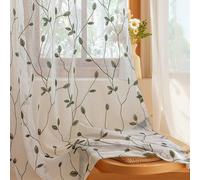 WUBODTI Sage Green Leaf Embroidered Semi Sheer Curtains for Living Room Bedroom, Rod Pocket Light Filtering Faux Linen Floral Voile White and Green Curtains 84 Inches Long 2 Panels