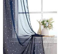 WUBODTI Semi Sheer Star Curtains Set of 2 Panels 63 Inch Length, Kids Bedroom Navy Starry Moon Transparent Window Curtain Rod Pocket Sparkly Space Theme Drapes for Boys Baby Room, Navy Blue