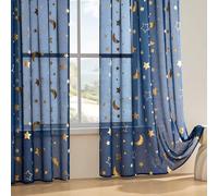 WUBODTI Sheer Star Curtains for Kids Room Nursery 63 Inch Length, Gold Moon and Star Patterned Semi Sheer Space Curtains for Boys Room Rod Pocket Faux Linen Short Drapes 2 Panels, Navy Blue