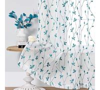WUBODTI Teal Sheer Leaf Pattern Curtains 84 Inches Long for Bedroom, Rod Pocket White Semi Sheer Leaves Embroidered Faux Linen Curtain Drapes 2 Panels for Living Room Sliding Door, Teal Blue
