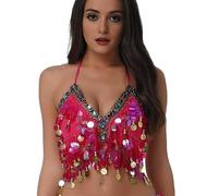 Wuchieal Sequin Halter Bra Top Salsa Belly Dance Boho Festival Clubbing Tribal Bra BH Top (One Size, Dark Pink)