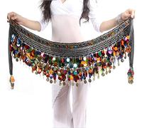 Wuchieal Women‘s Belly Dance Hip Scarf, Sweet Dance Skirt Wrap Performance Bling Sequins Coins, Belly Dancer Costume, Black with Colorful Coins& Colorful Gemstone, One Size