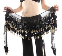 Wuchieal Women‘s Belly Dance Hip Scarf, Sweet Dance Skirt Wrap Performance Bling Sequins Coins, Belly Dancer Costume, Black with Black Coins, One Size