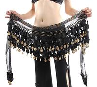Wuchieal Women‘s Belly Dance Hip Scarf, Sweet Dance Skirt Wrap Performance Bling Sequins Coins, Belly Dancer Costume, Black with Black Coins & Colorful Gemstone, One Size