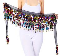 Wuchieal Women‘s Belly Dance Hip Scarf, Sweet Dance Skirt Wrap Performance Bling Sequins Coins, Belly Dancer Costume, Black with Colorful Coins, One Size