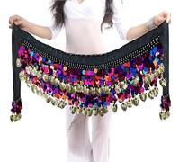 Wuchieal Women's Belly Dance Hip Scarf, Sweet Belly Dance Skirt Wrap Performance Bling Sequins Coins, Belly Dance Costume, Black With Colorful Coins& Golden Shell, One Size