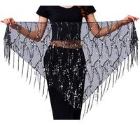 Wuchieal Women's Belly Dance Sequin Triangle Hip Waist Tassel Scarf Mesh Wrap Skirts Black-Silver