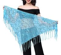 Wuchieal Women's Belly Dance Sequin Triangle Hip Waist Tassel Scarf Mesh Wrap Skirts Light Blue