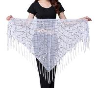 Wuchieal Women's Belly Dance Sequin Triangle Hip Waist Tassel Scarf Mesh Wrap Skirts White