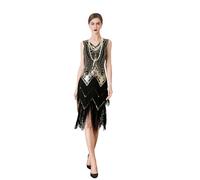 Wuchieal Women's Flapper Dresses 1920s Beaded Fringed Great Gatsby Dress, Gold-black, L