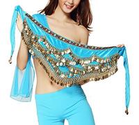 Wuchieal Women's Triangular Belly Dancing Hip Scarf Wrap Skirt with Gold Coins, Light Blue, One Size