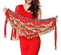 Wuchieal Women's Triangular Belly Dancing Hip Scarf Wrap Skirt with Gold Coins, Red, One Size