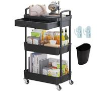 Wuciray Beauty Trolley on Wheels 3 Tier Storage Trolley with Drawer Plastic Beauty Trolleys Rolling Utility Cart for Home Kitchen Bathroom Laundry Office Black Storage Trolleys on Wheels Utility Cart
